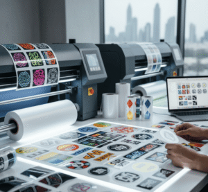 Vinyl sticker printing process in Dubai showing printing machines, rolls of vinyl, and custom sticker designs.