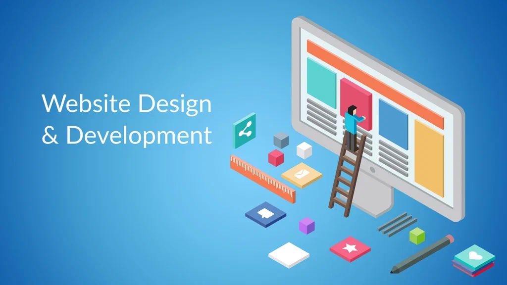 Illustration of website design and development concept with computer screen and icons, symbolizing practical social media and digital skills training.