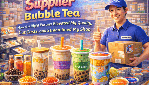 A bright digital illustration of a smiling bubble tea supplier holding a box in a well-stocked supply room, with vibrant bubble tea drinks, sealing films, and ingredients in the foreground, emphasizing the benefits of having a reliable supplier.