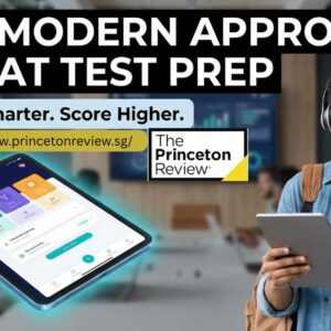 Image of a Smiling student with headphones and tablet in a modern classroom. Text: "The Modern Approach to SAT Test Prep." Features The Princeton Review logo