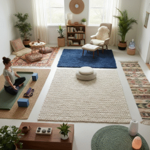 Serene wellness room with multiple natural area rugs, yoga mat, meditation cushions, plants, and soft neutral furniture.