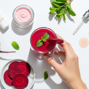 beetroot and glass of beetroot juice with other skincare products on a table
