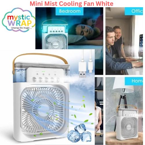 Mini Cooling Fan with Mist Spray (White)– Portable Air Cooler for Home & Office