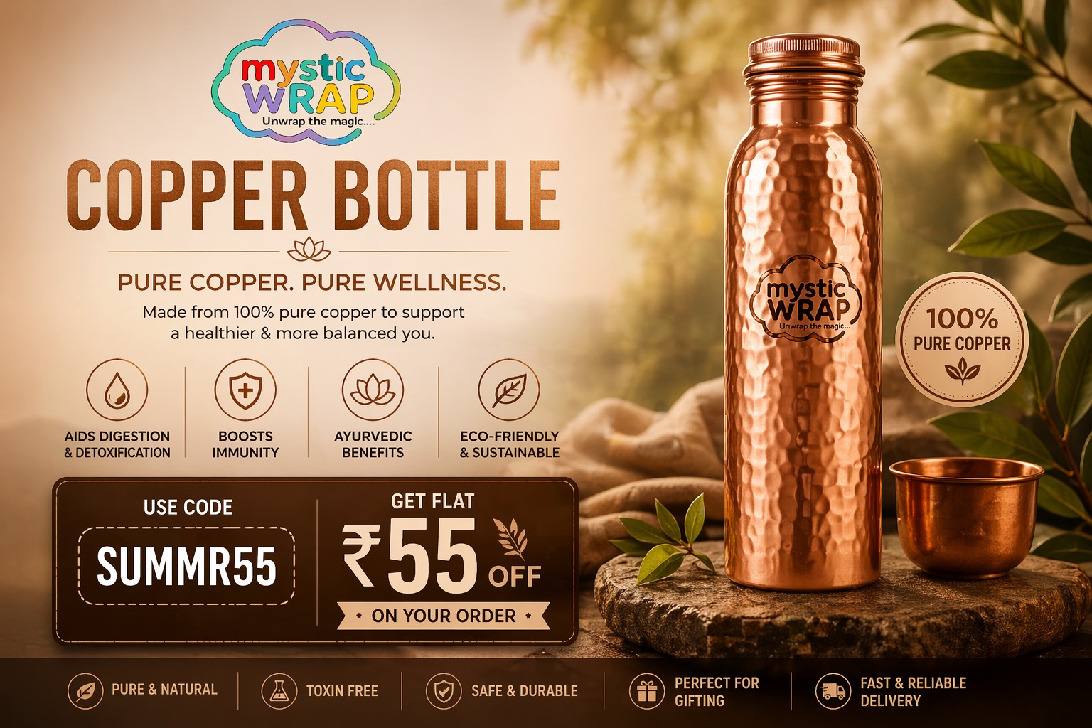 Hammered Copper Tamba Water Bottle 1000 ML – Pure & Ayurvedic Hydration