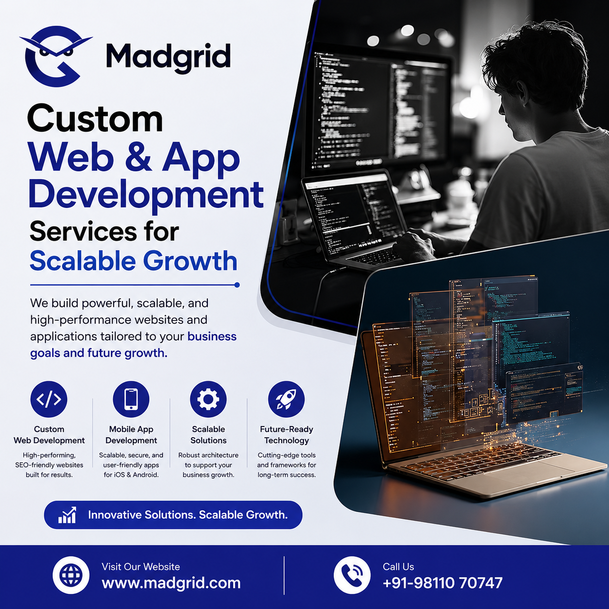 web development, mobile app development, custom software development, scalable backend architecture, ecommerce development, UI/UX design, blockchain development, Custom Web, App Development Services, Madgrid