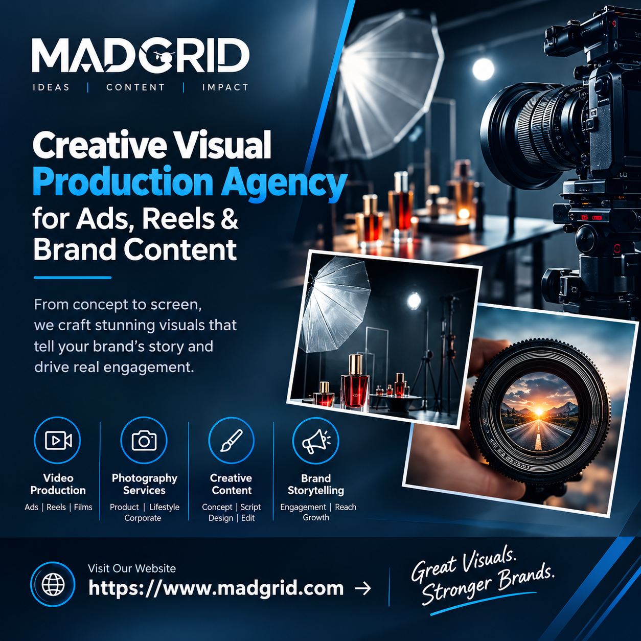 Visual production,Video production, Motion graphics, Brand storytelling, Post-production editing, Content creation, Creative production studio, Creative Visual Production Agency for Ads, Reels ,Brand Content,