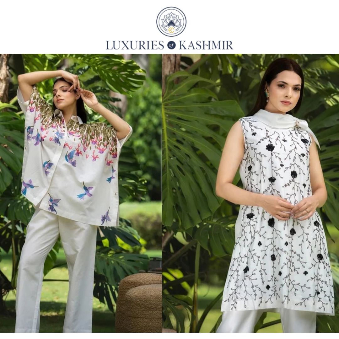 Kashmiri hand embroidery, Co-ord Set, Roohgul Co-ord Sets, neutral co-ord sets, Aari embroidery, Tilla work, ivory ethnic wear, made-to-order embroidered outfits, Luxuries of Kashmir