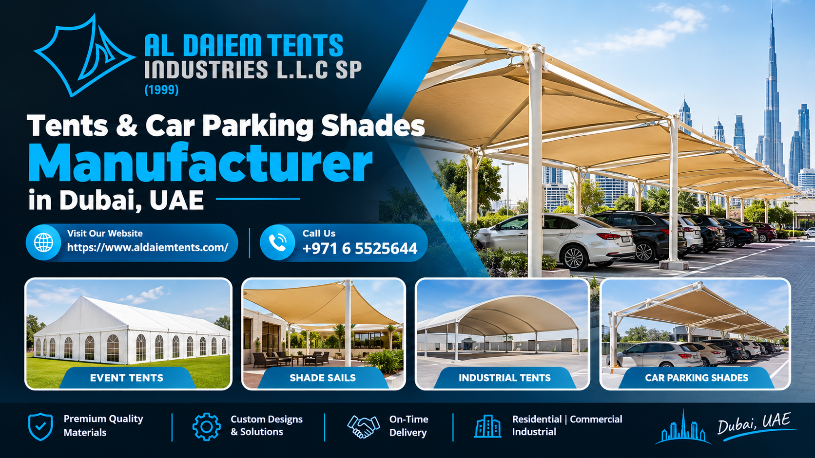 tent manufacturer UAE, car parking shades Dubai, custom tents UAE, tensile shade structures, Arabic majlis tents, outdoor shade solutions