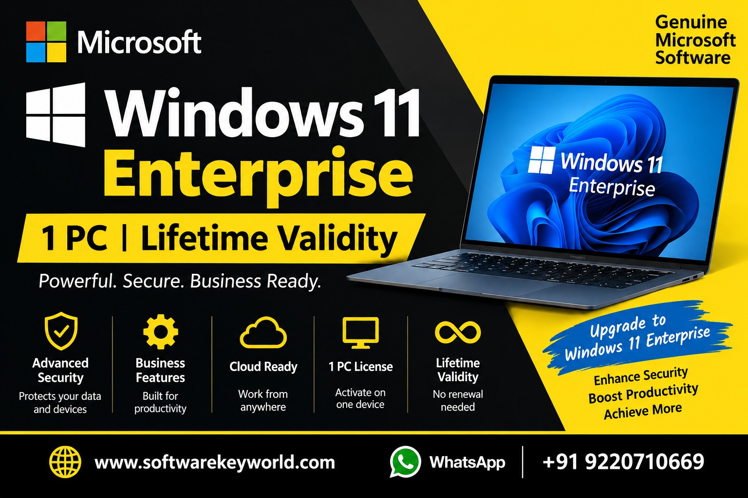 Windows 11 Enterprise key, lifetime license, 1 PC activation, genuine software key, enterprise operating system, digital license download, secure Windows upgrade